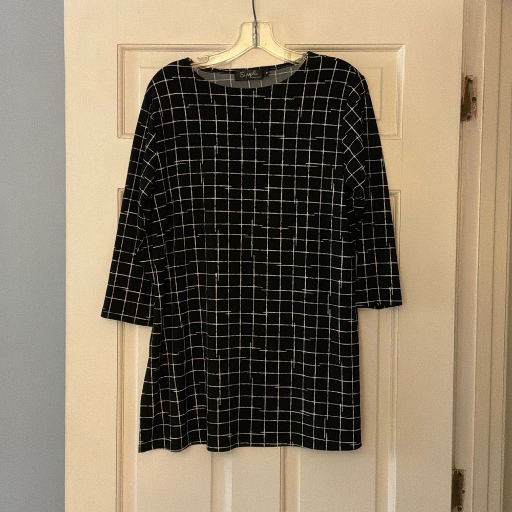 Sympli Black White Grid Print Tunic Top 10 3/4 Sleeve Contemporary Minimalist
